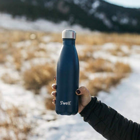S'well Azurite bottle silhouette emphasizes travel-friendly, compact design.