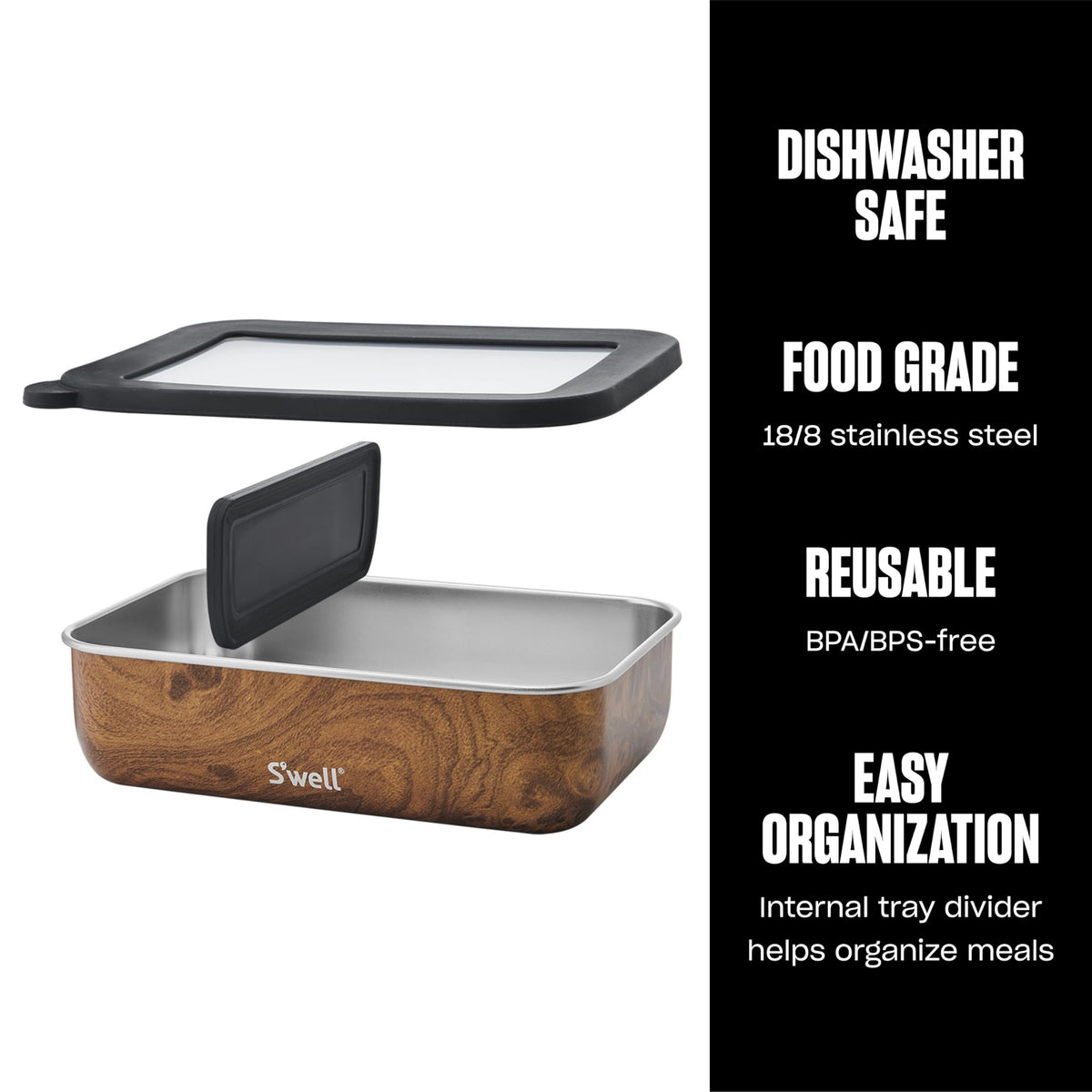 S'well leakproof lid in Teakwood keeps meals secure during commutes.