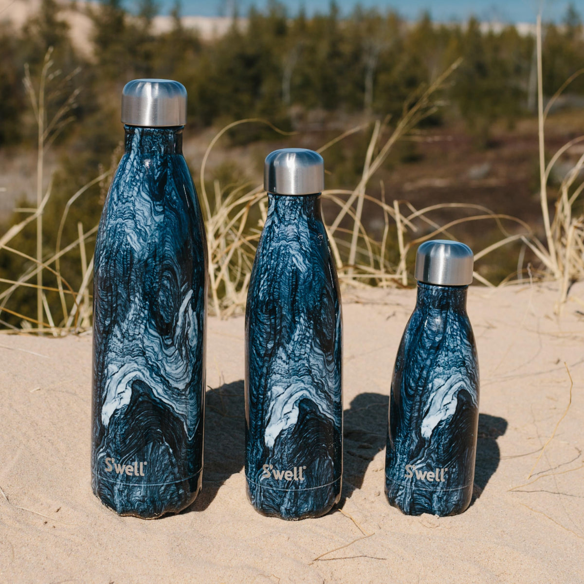 S'well azurite marble bottle supports sustainable hydration.
