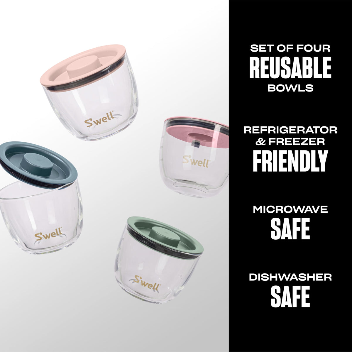 S'well glass bowls with leak-resistant lids for secure fridge storage.