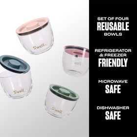 S'well glass bowls with leak-resistant lids for secure fridge storage.