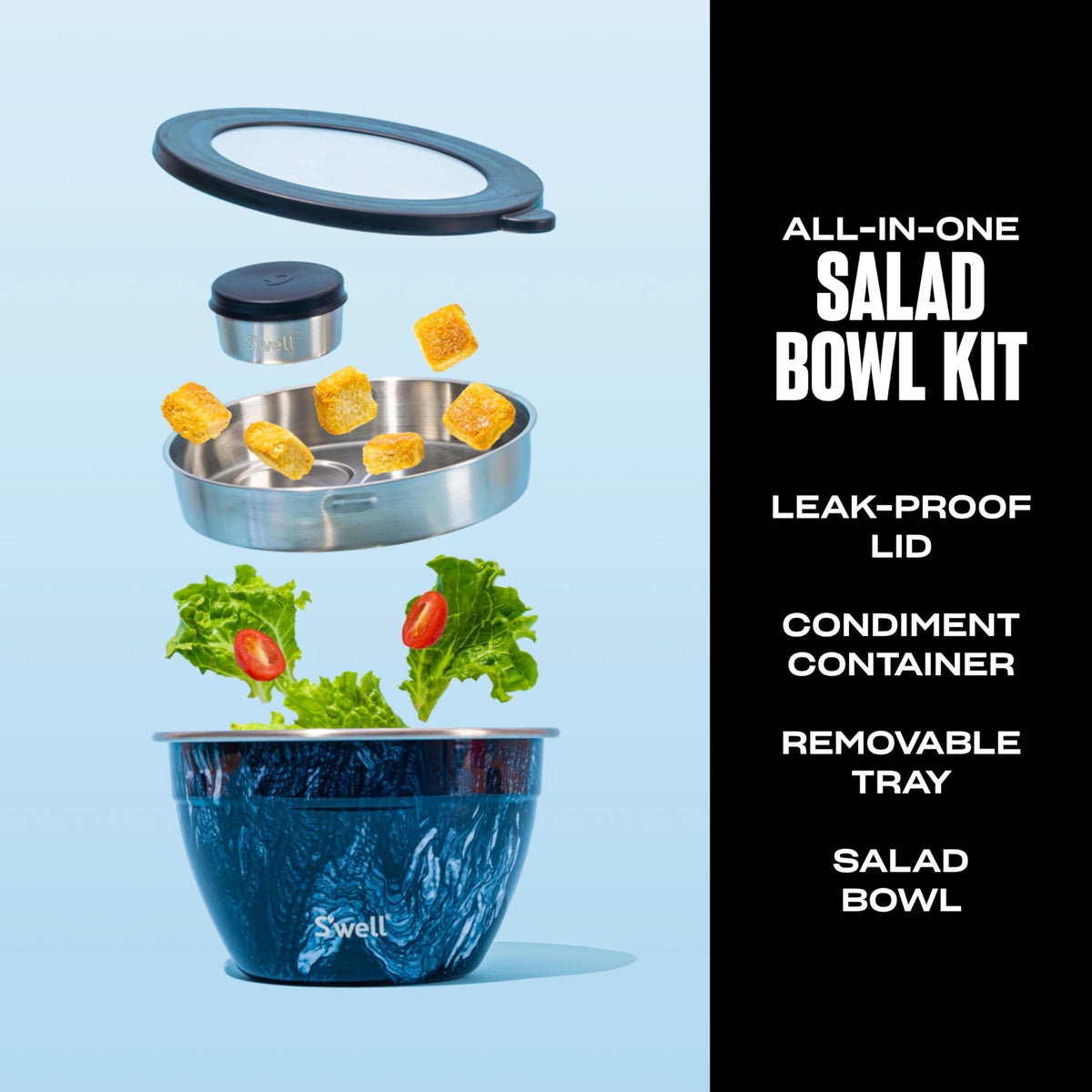 S'well leak-proof lid and tray keep dressings secure during transport.