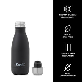 S'well Onyx 9oz bottle with closed cap, emphasizing leak-proof design.