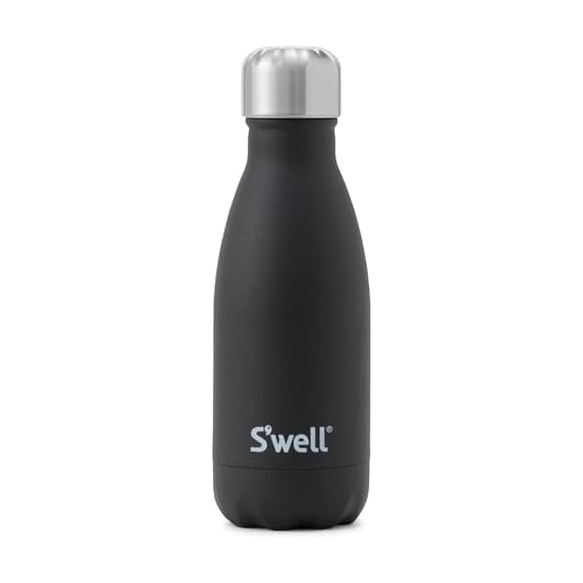 S'well Onyx 9oz bottle top view, showcasing sleek design and cold-holding potential.