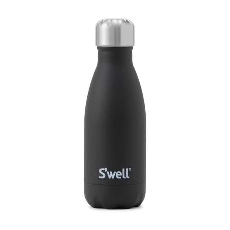 S'well Onyx 9oz bottle top view, showcasing sleek design and cold-holding potential.