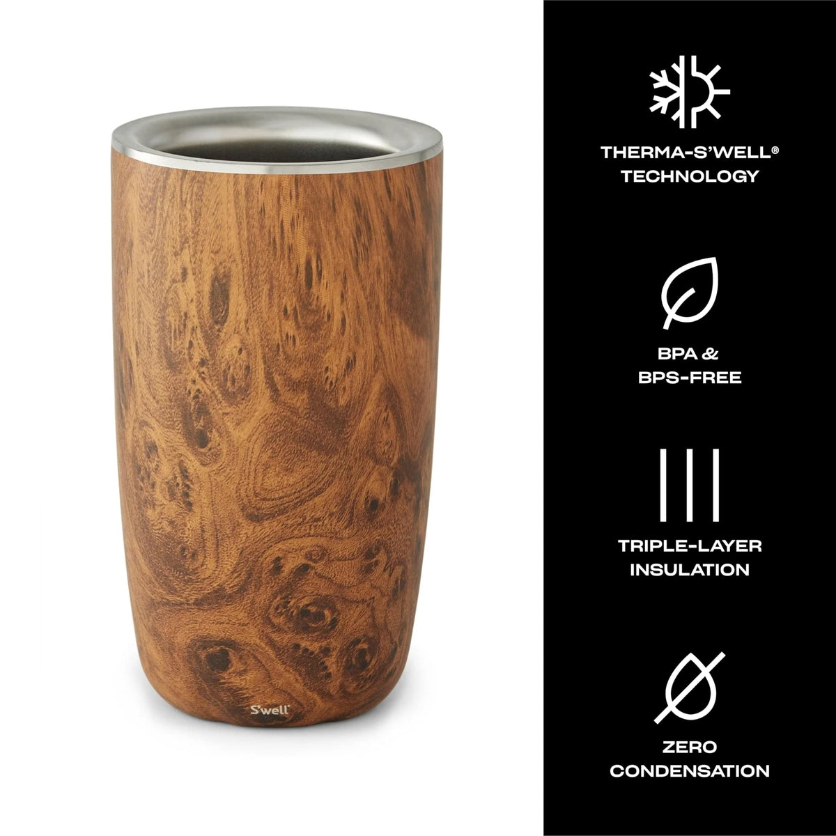 S'well Teakwood Wine Chiller highlights durable stainless steel construction.