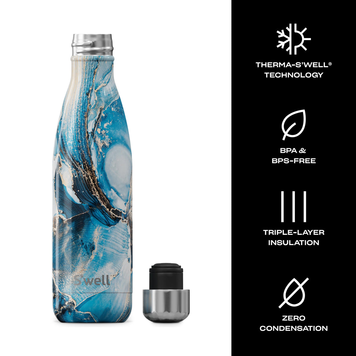 S'well Ocean Marble bottle exterior highlighting condensation-free surface and durable steel build.