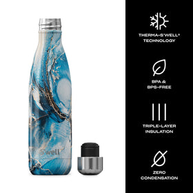 S'well Ocean Marble bottle exterior highlighting condensation-free surface and durable steel build.