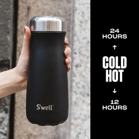 Swell Traveler Onyx wide mouth highlights easy ice cube fit and smooth sipping