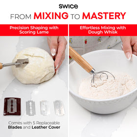 Swice dough scraper helps lift and portion dough cleanly.