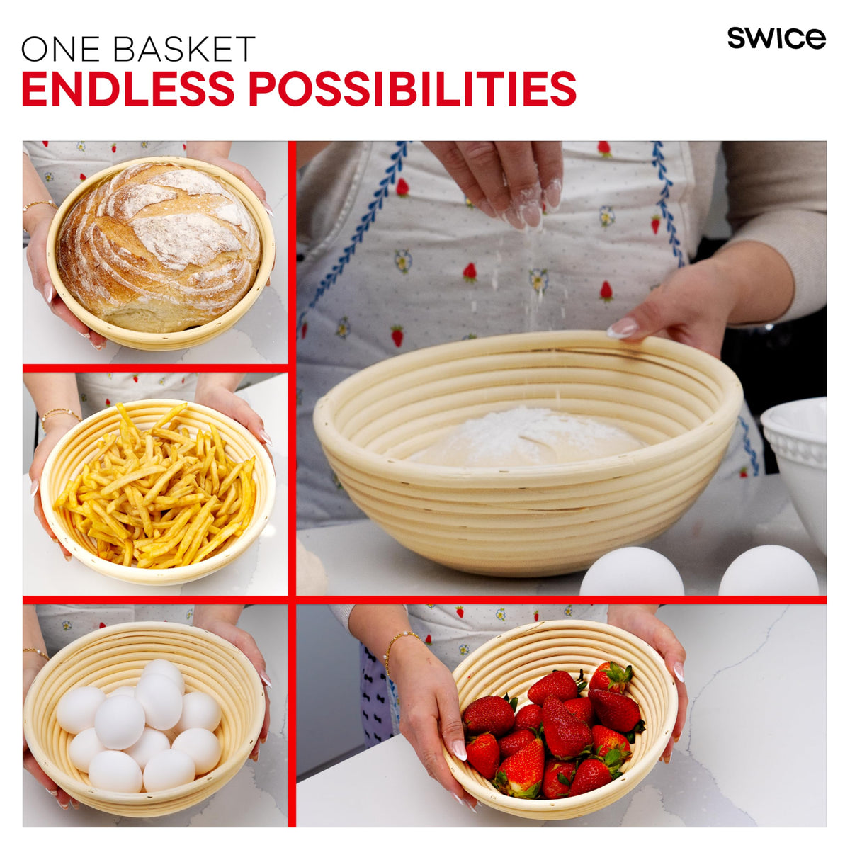 Swice rattan surface provides smooth dough handling during proofing.