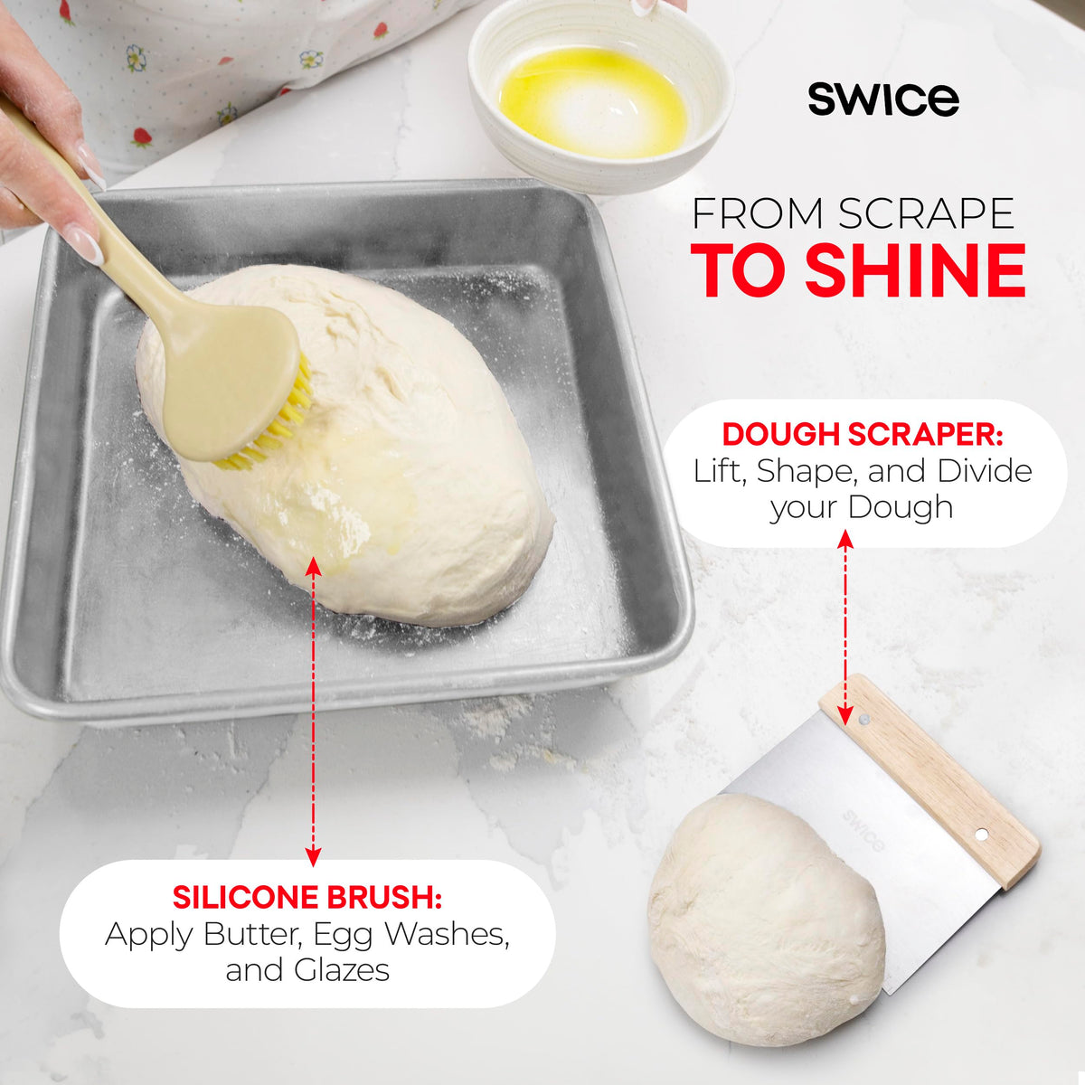 Swice silicone basting brush for even moisture and glaze application.
