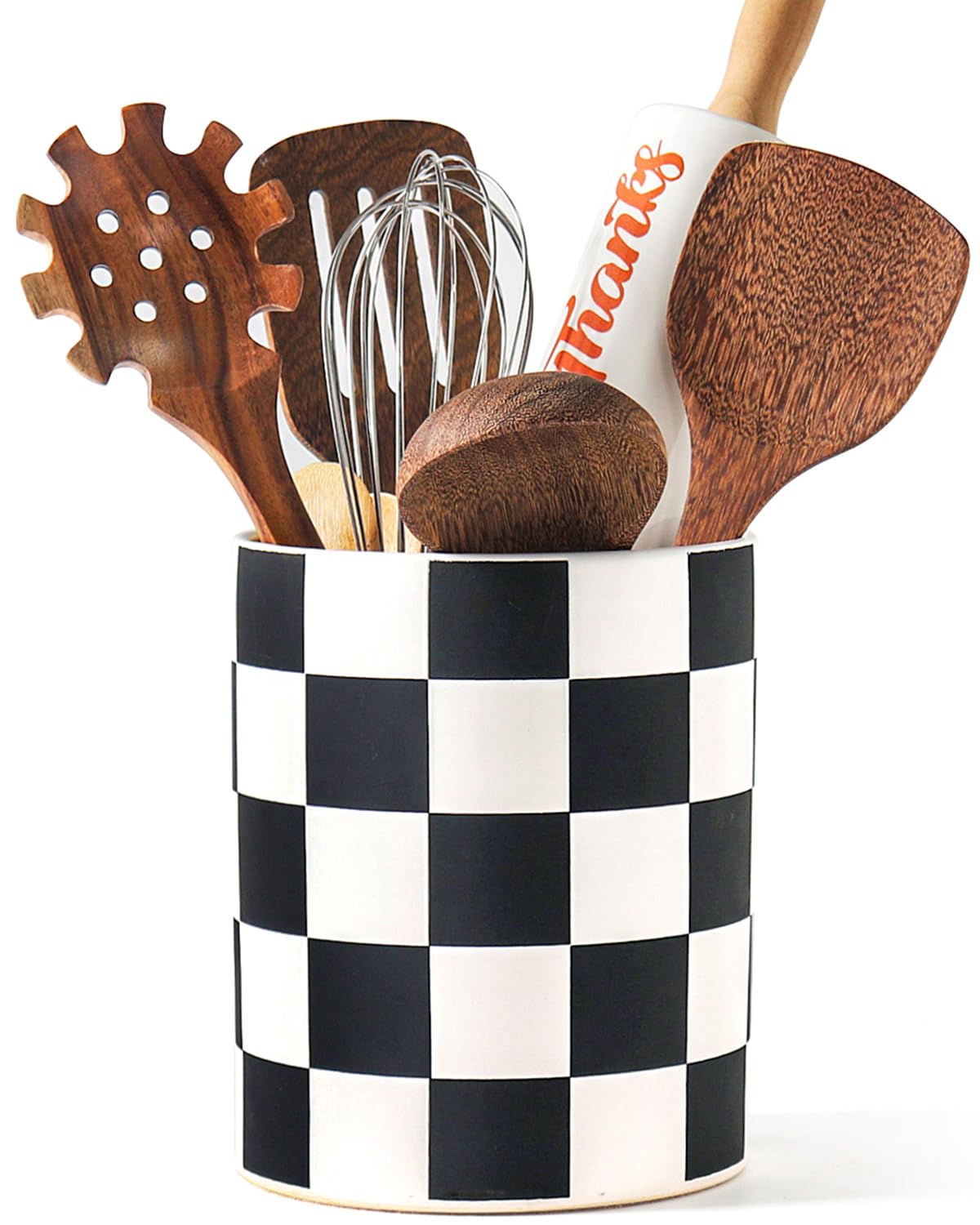 Swicken Checkered Ceramic Utensil Holder in black, front view, adds stylish countertop organization.