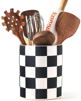 Swicken Checkered Ceramic Utensil Holder in black, front view, adds stylish countertop organization.