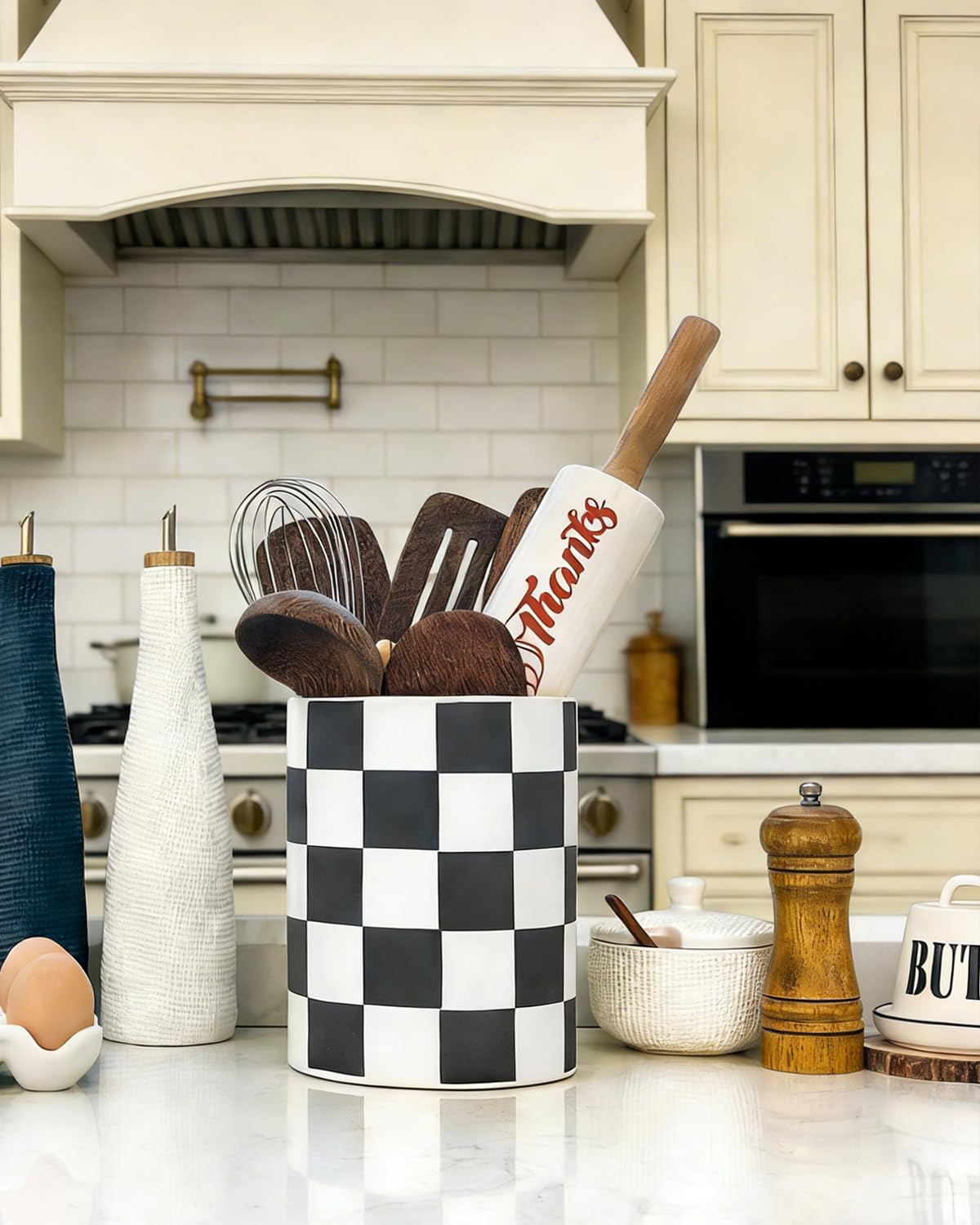 Swicken Checkered Ceramic Utensil Holder doubles as ice bucket or vase for stylish versatility.