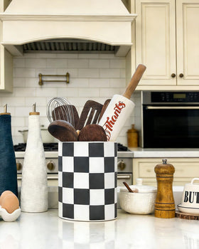 Swicken Checkered Ceramic Utensil Holder doubles as ice bucket or vase for stylish versatility.
