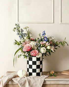 Swicken Checkered Ceramic Utensil Holder features non-slip cork pads for stable counter placement.