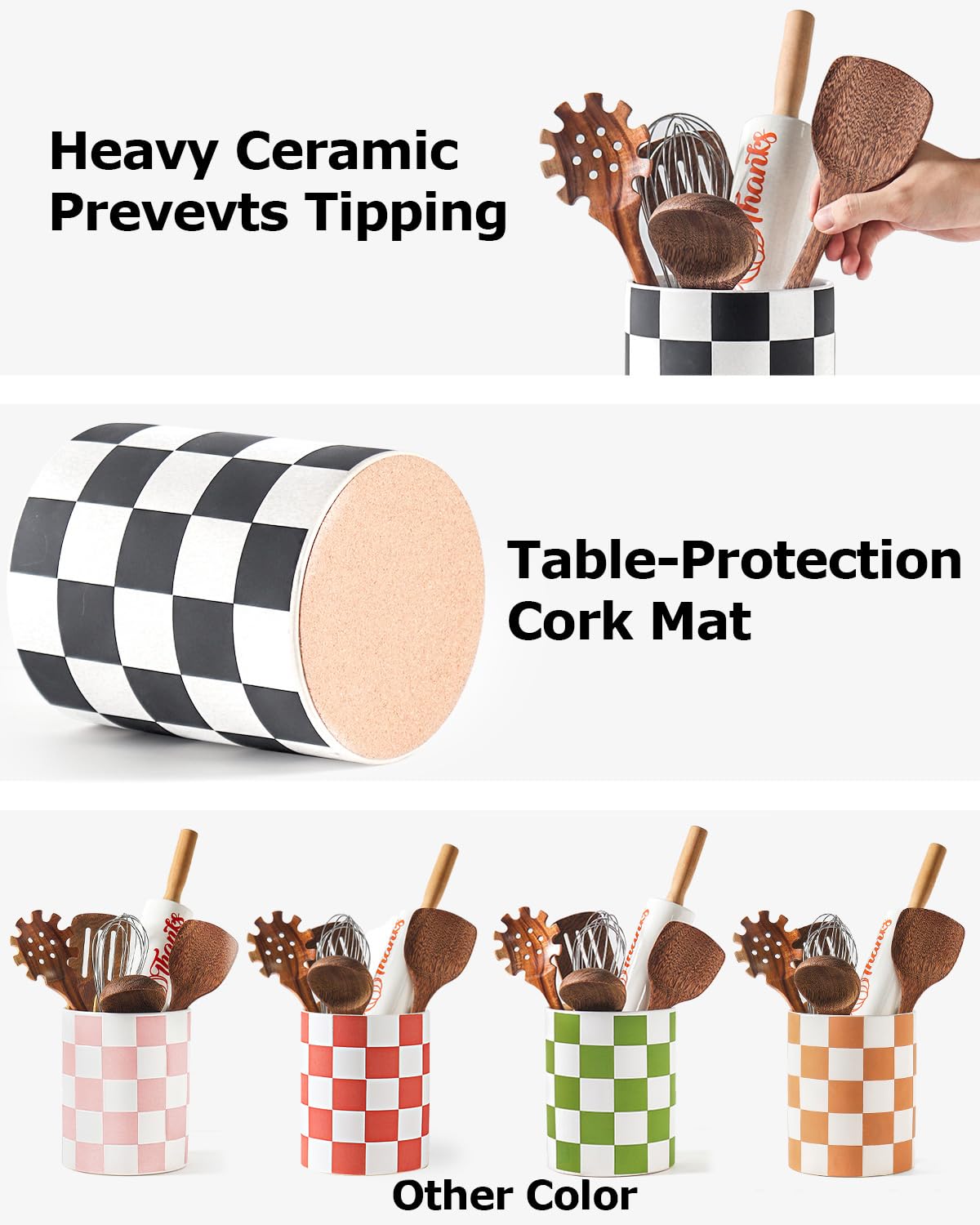 Swicken Checkered Ceramic Utensil Holder with utensils, counter-ready storage and easy access.