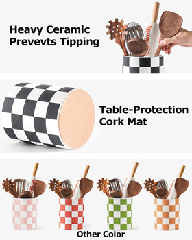 Swicken Checkered Ceramic Utensil Holder with utensils, counter-ready storage and easy access.