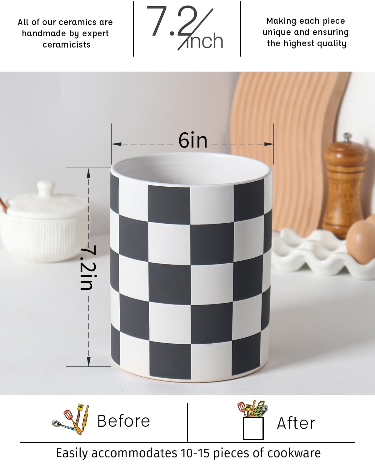 Swicken Checkered Ceramic Utensil Holder, side profile, complements any kitchen with durable, non-slip base.