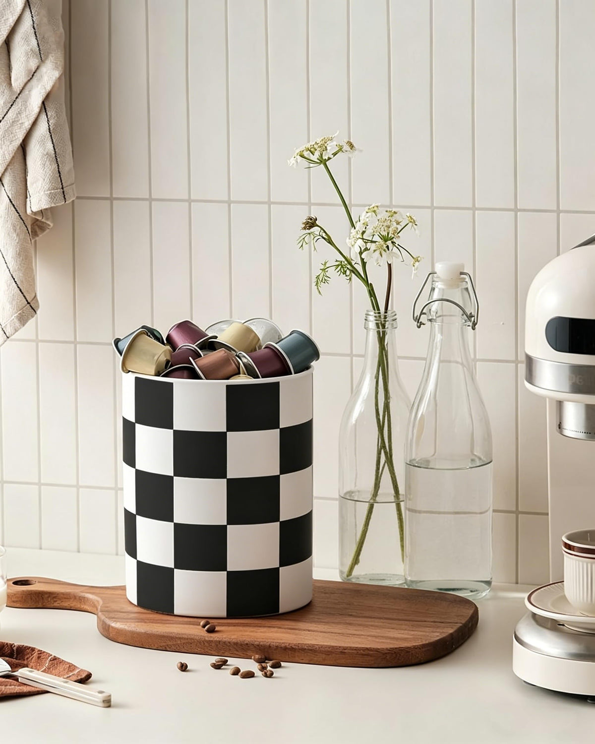 Swicken Checkered Ceramic Utensil Holder on countertop with utensils for everyday use.