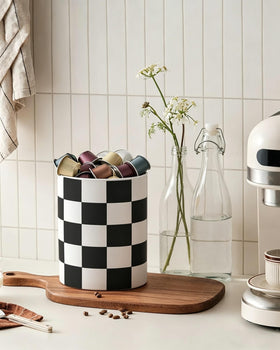Swicken Checkered Ceramic Utensil Holder on countertop with utensils for everyday use.