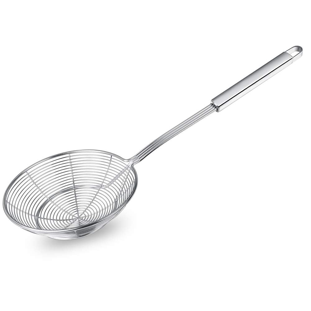 Swify spider strainer skimmer front view, sturdy stainless steel construction.