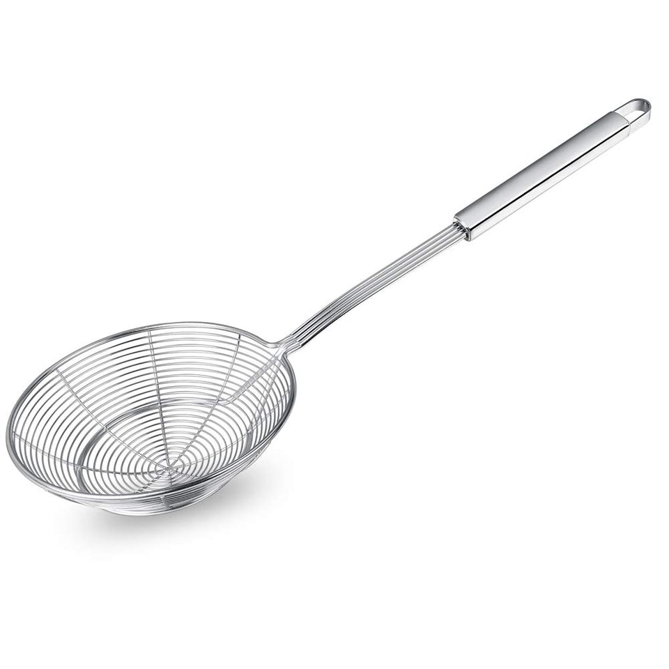 Swify spider strainer skimmer front view, sturdy stainless steel construction.