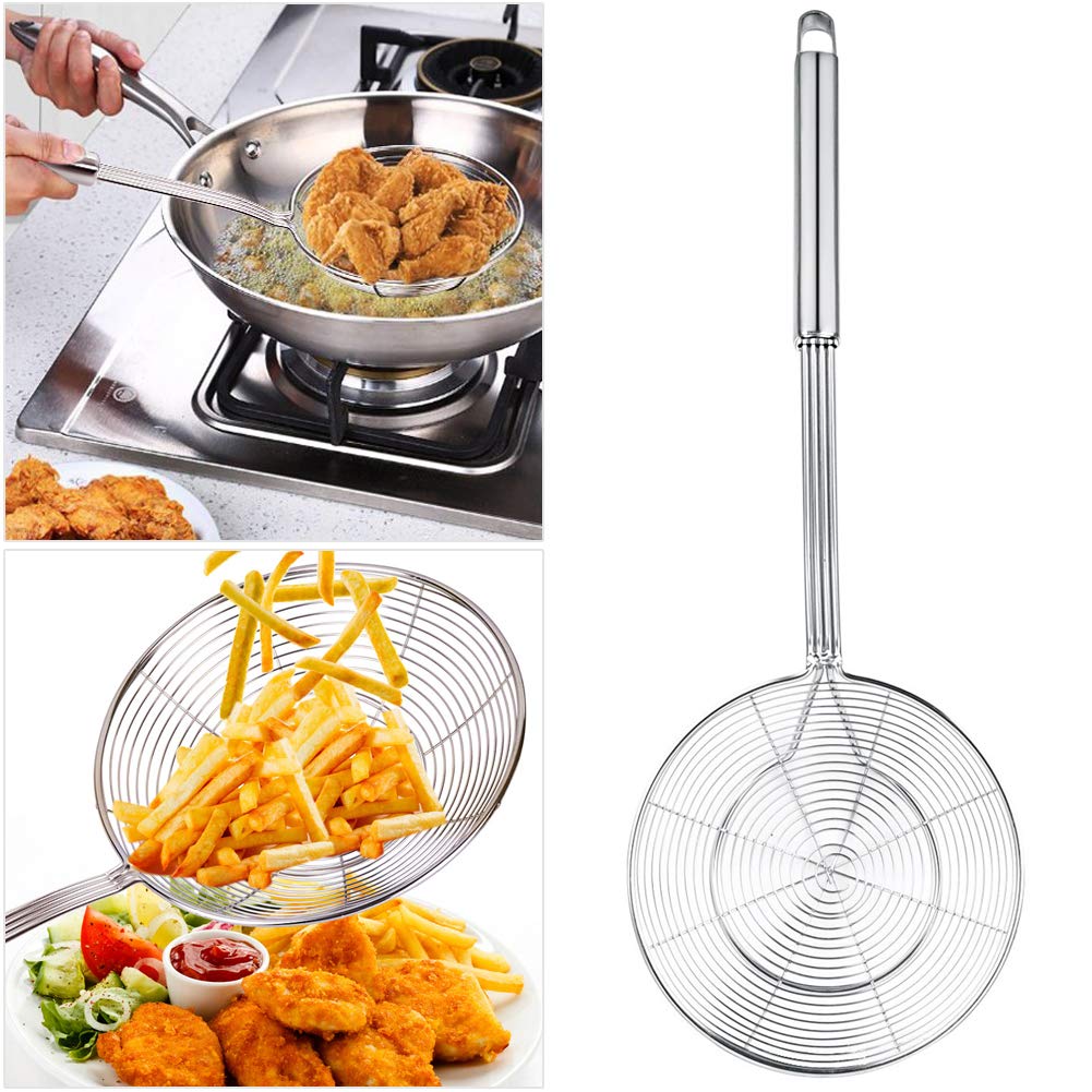 Swify spider strainer ideal for frying and draining in a pot.