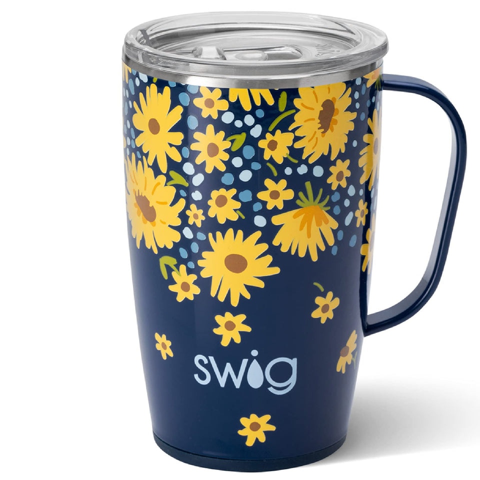 Swig Life 18oz travel mug with handle and lid for easy transport.