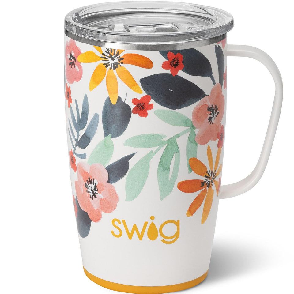 Swig Life 18oz tumbler with handle and lid keeps beverages at the right temperature.