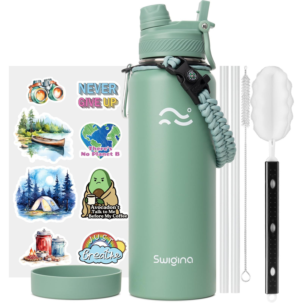 Swigina 2-in-1 lid bottle showing switchable straw and wide-mouth lid for versatility.