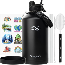 Swigina 2-in-1 lid on a gallon bottle enables straw sipping and wide-mouth access.