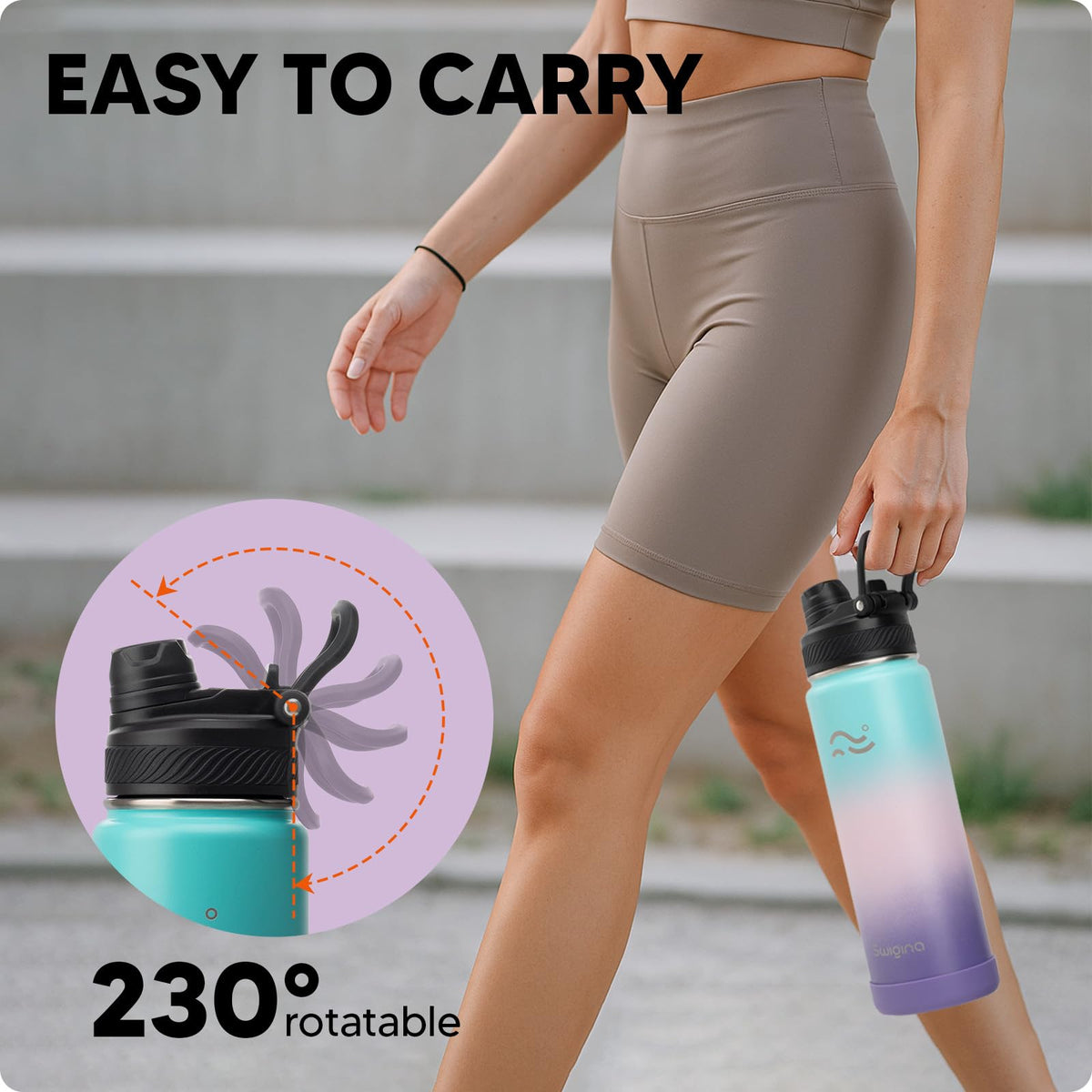 Swigina 24 oz capacity supports daily hydration and longer outings.