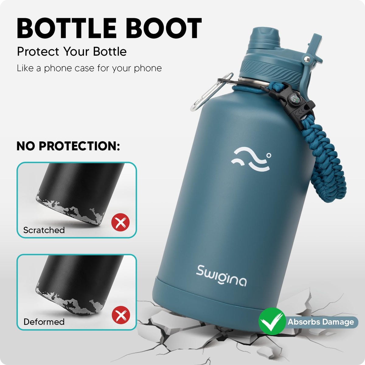 Swigina silicone armour sleeve protecting the bottle and adding a non-slip grip.