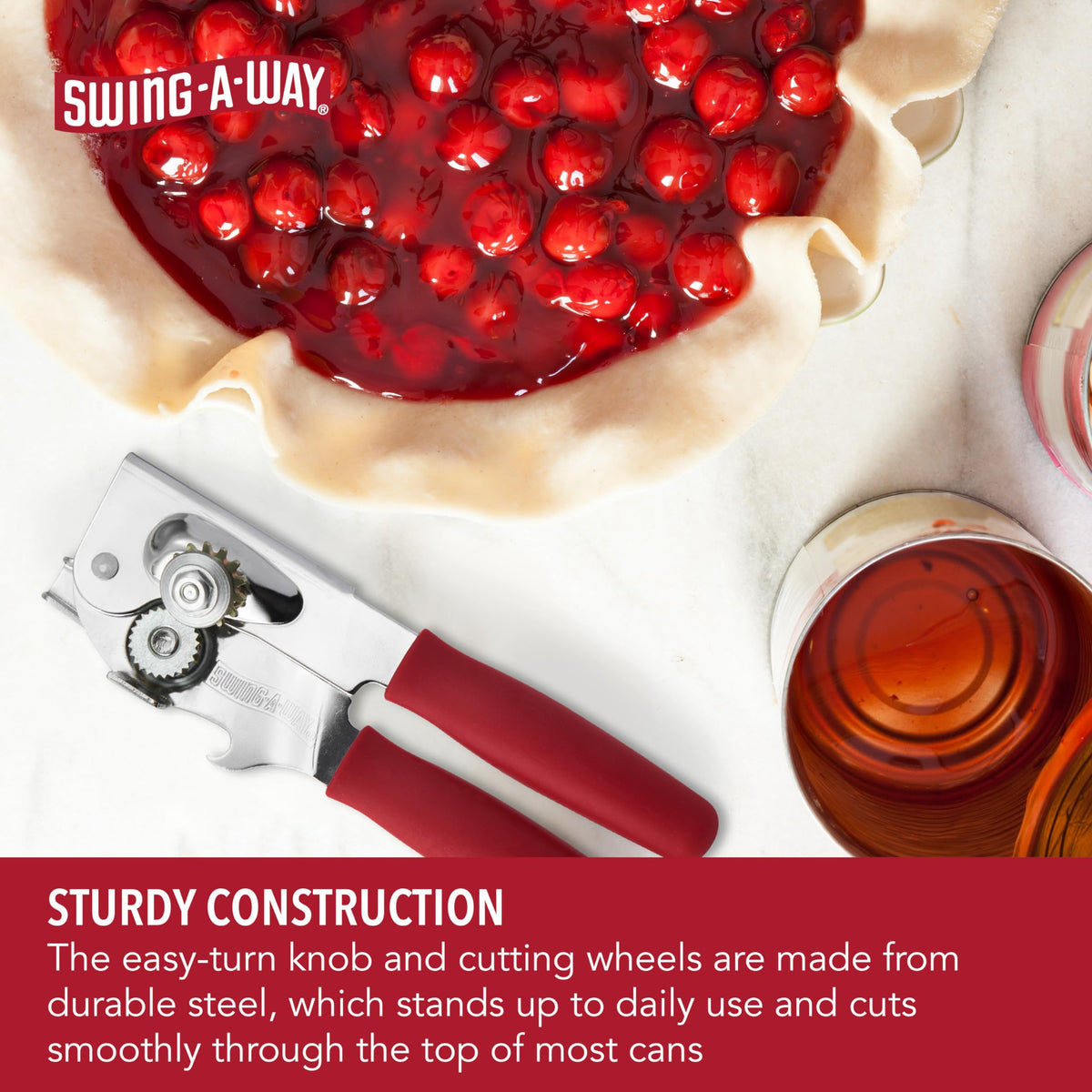 Swing-A-Way easy-turn knob enables smooth, controlled can opening even with larger cans.