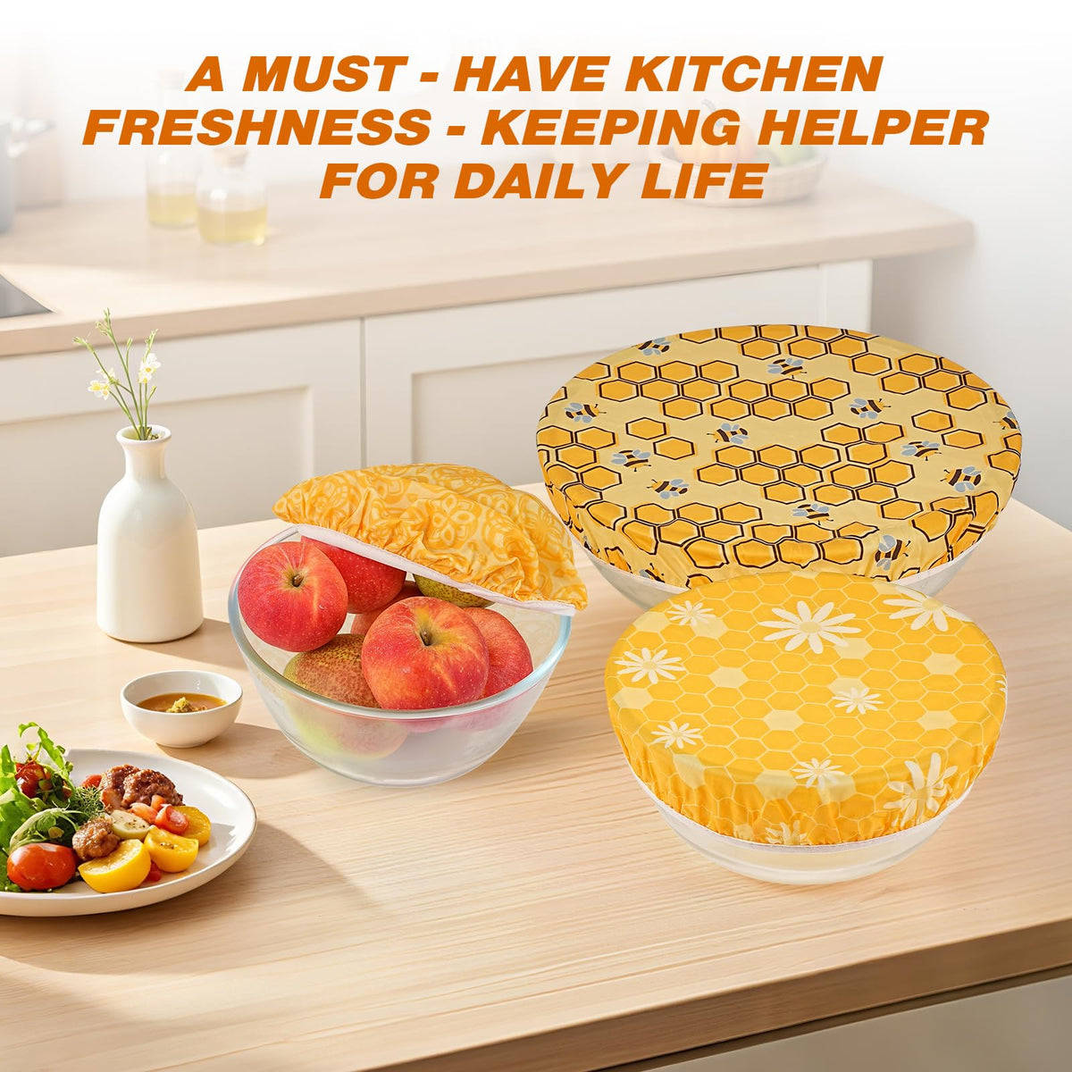 Swiscena beeswax bowl cover collection shows three patterns and sizes for versatile kitchen use