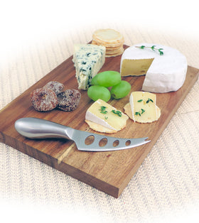 Swissmar compact two-piece board highlights rich acacia grain and easy knife access