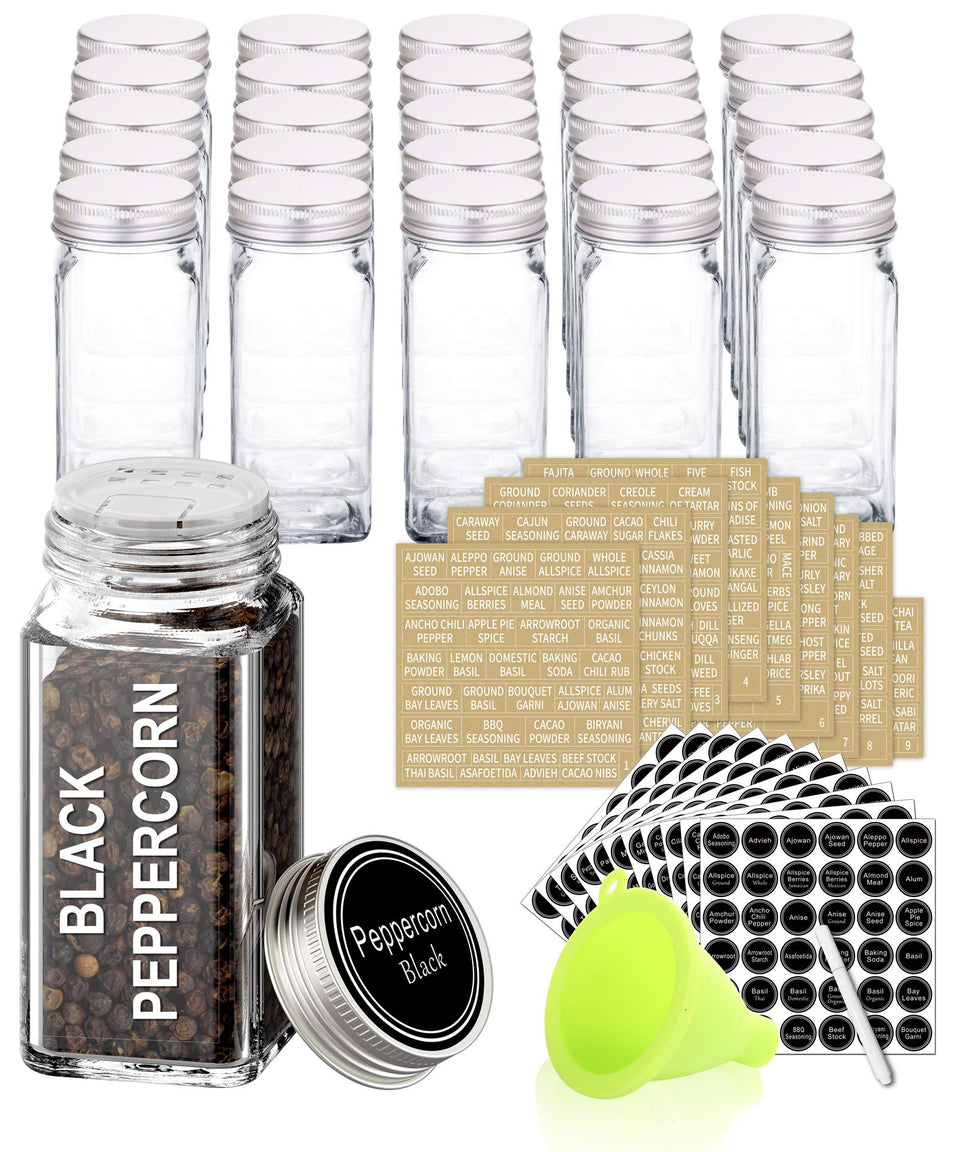 SWOMMOLY 25-square glass spice jars neatly organized for pantry storage