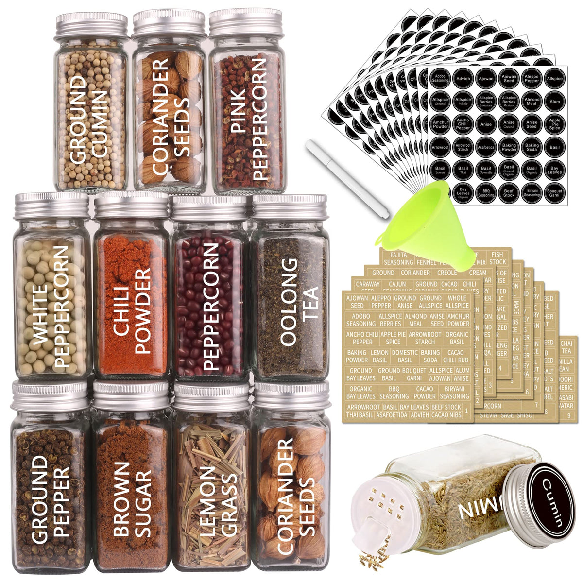 SWOMMOLY 36-glass spice jars for organized pantry storage and easy access