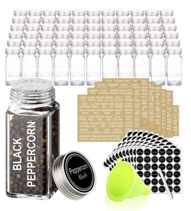 SWOMMOLY 66 glass spice jars set arranged on a kitchen shelf for organized storage.