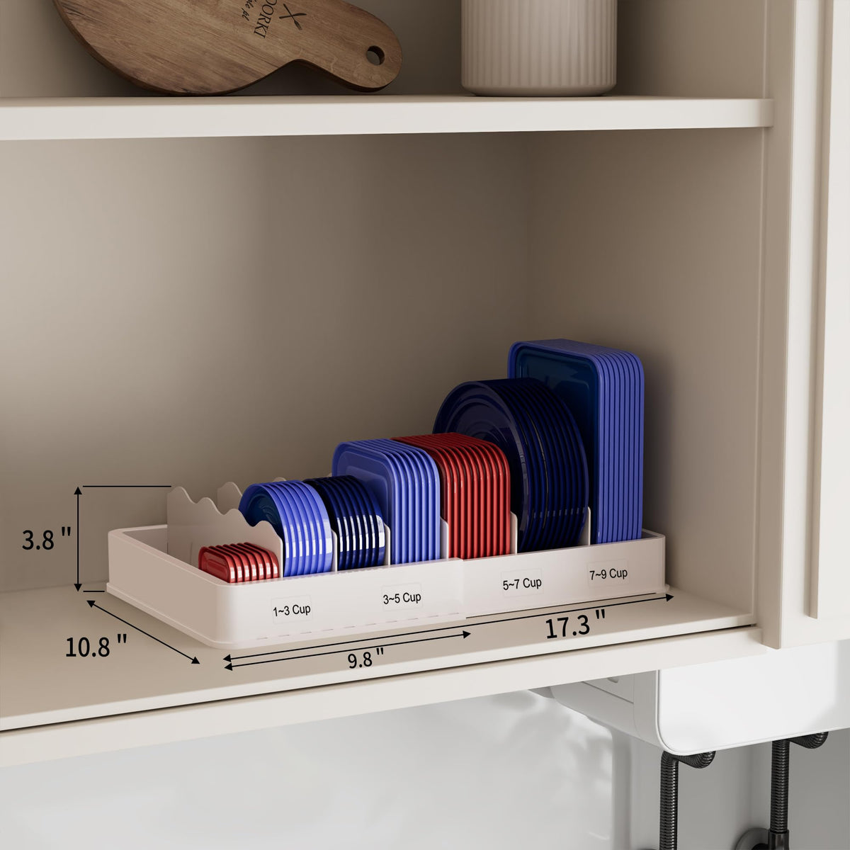 SWOMMOLY adjustable dividers in use organize lids by size and type