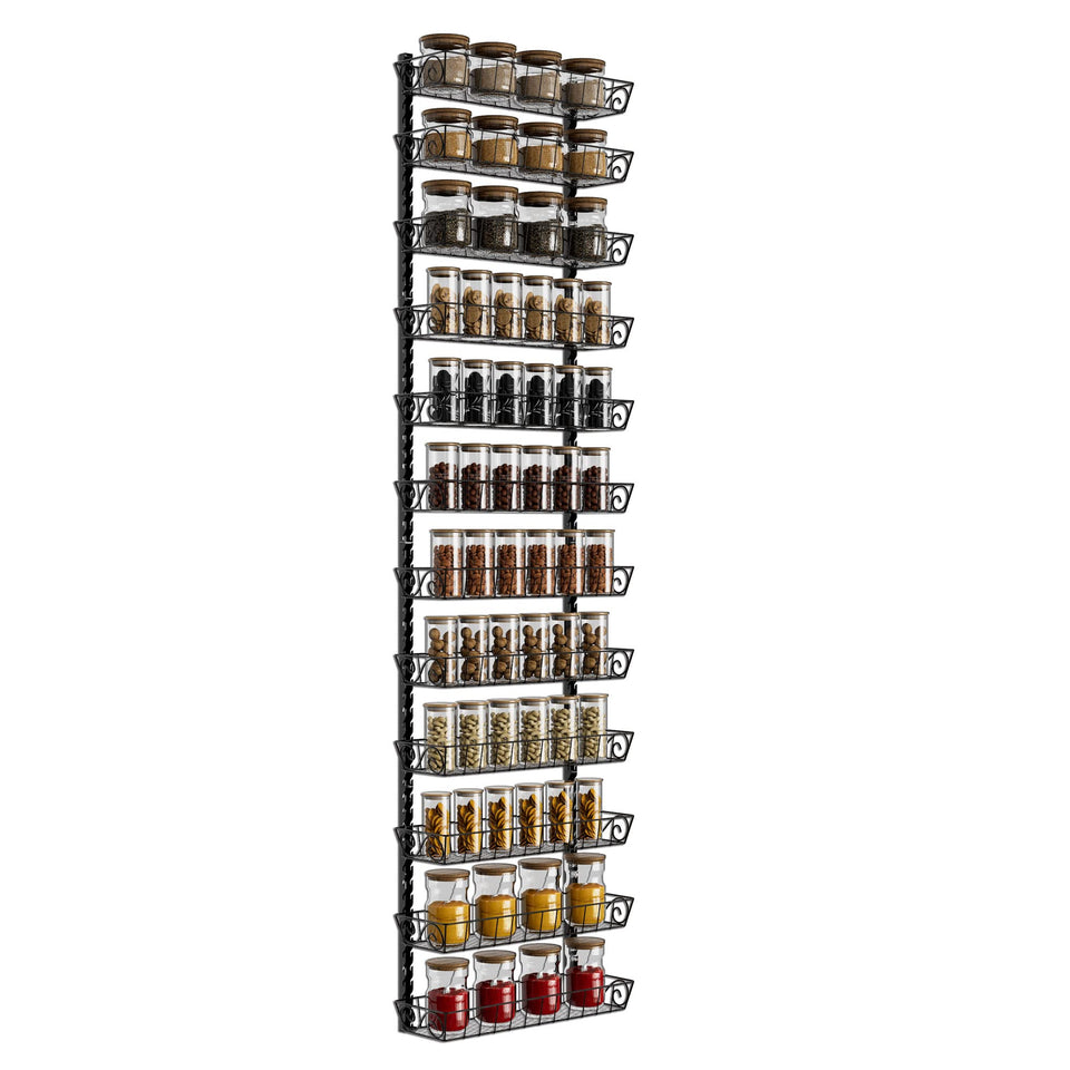 SWOMMOLY wall-mounted spice rack displaying neatly organized jars for easy access.