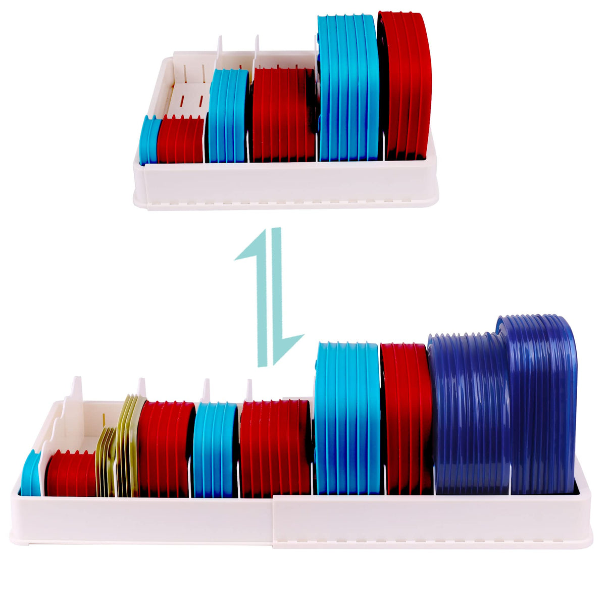 SWOMMOLY expandable lid organizer extended length shows increased storage for bulky lids.