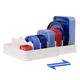SWOMMOLY expandable lid organizer front view shows tidy cabinet organization with adjustable space