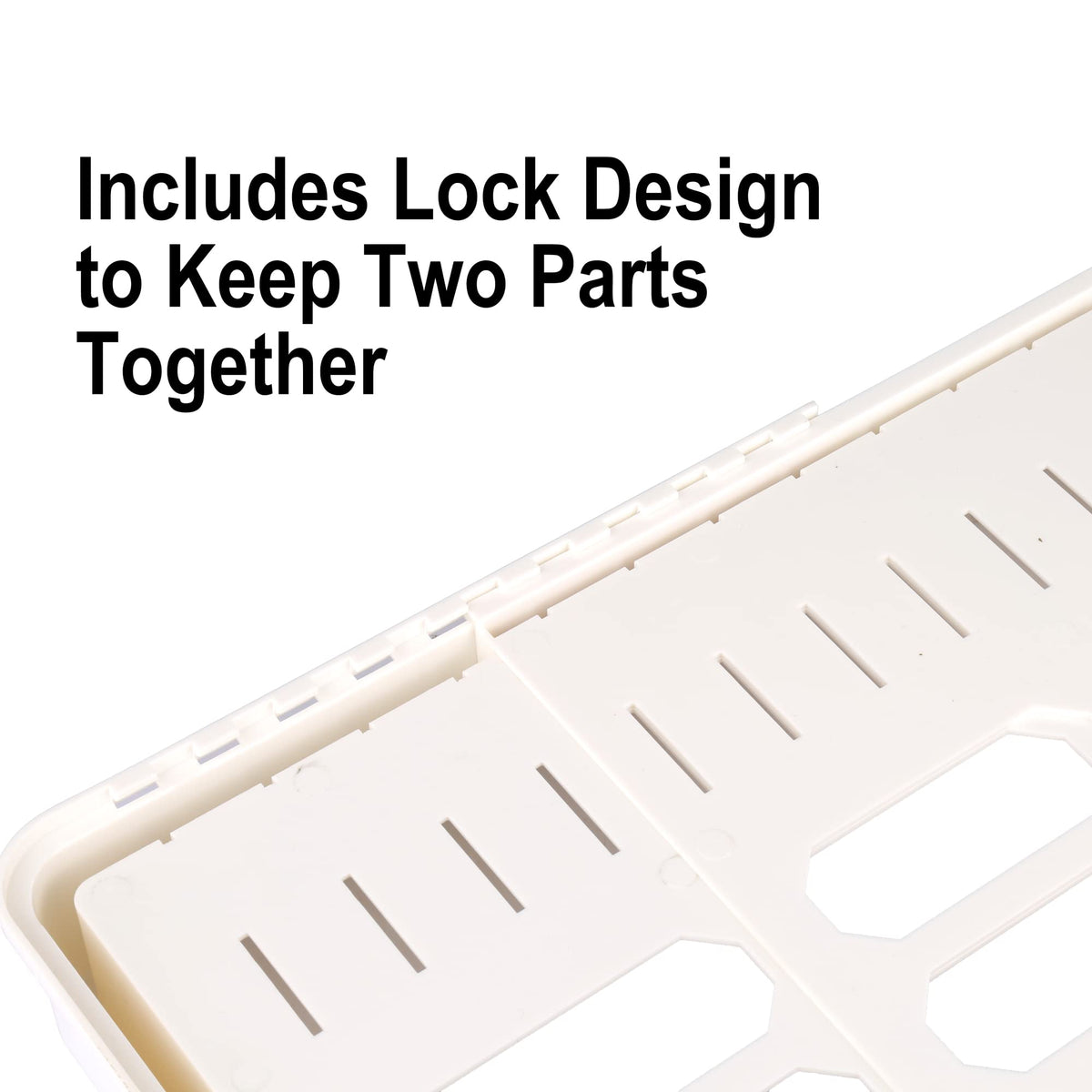SWOMMOLY expandable lid organizer locked closure secures two parts for stable storage.