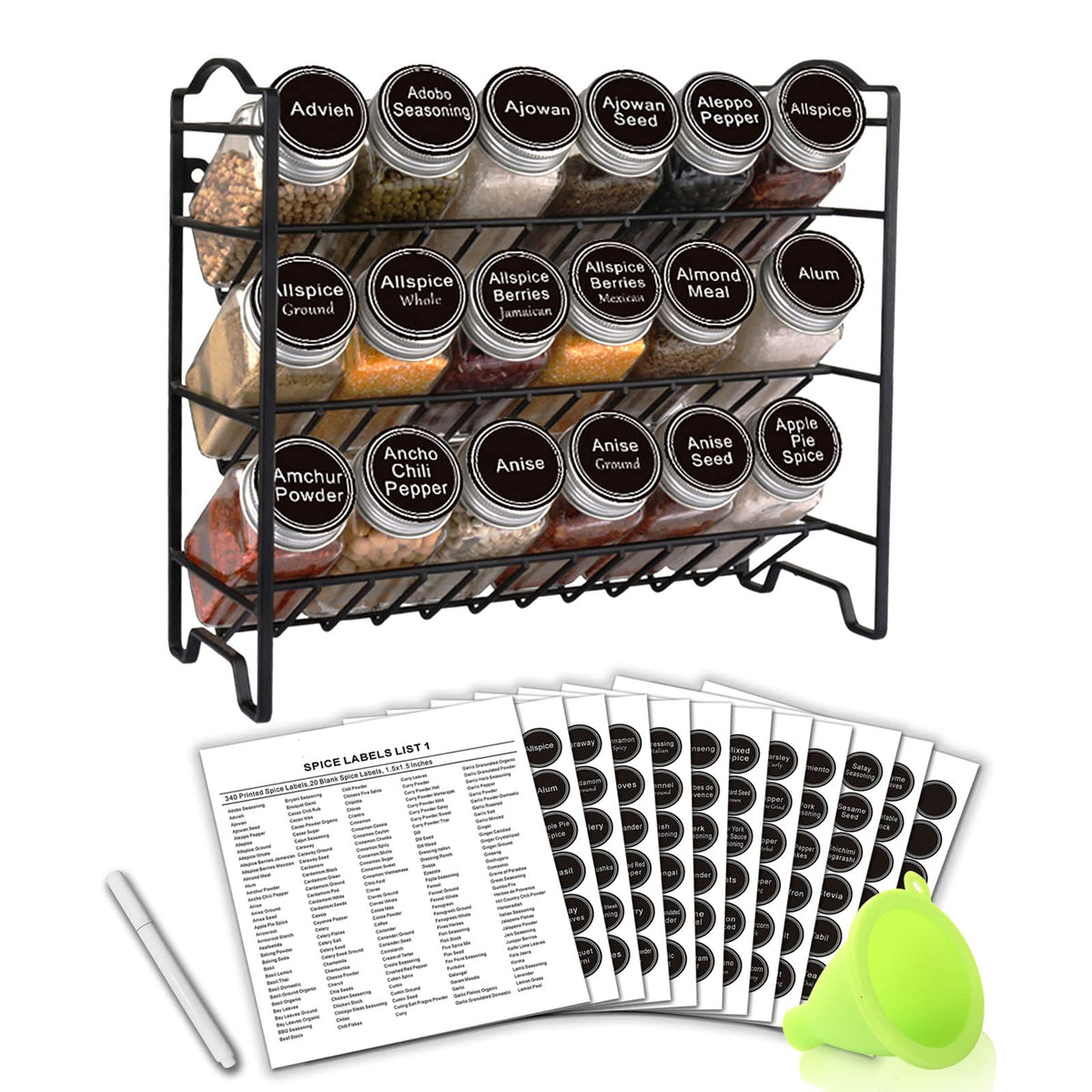 SWOMMOLY spice rack with 18 glass jars keeps spices neatly organized and accessible.