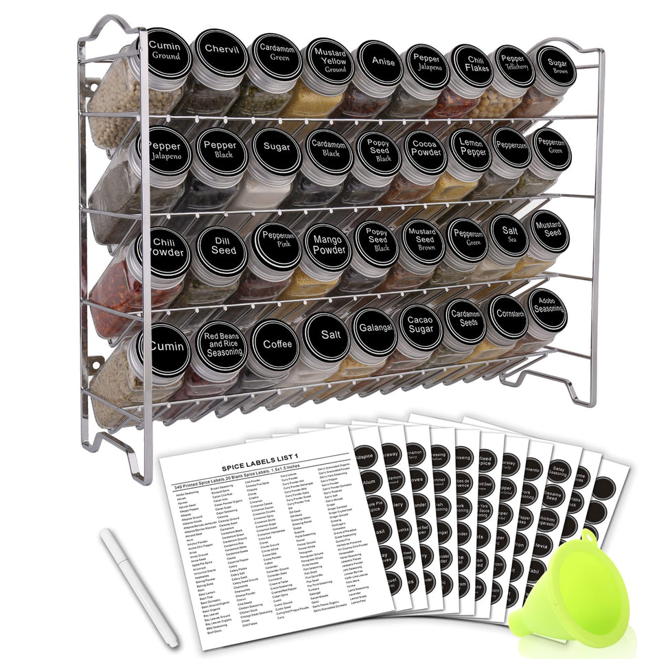 SWOMMOLY spice rack with 36 glass bottles for organized pantry storage