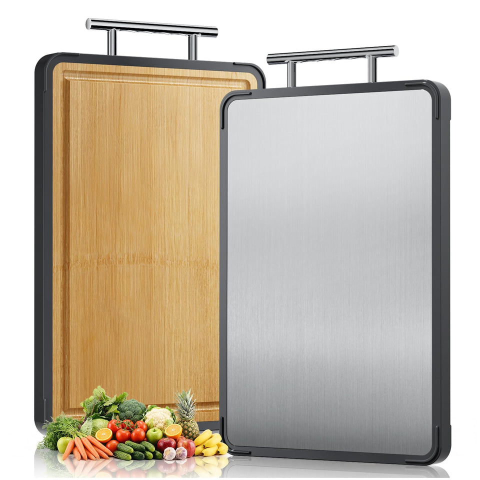 Swshiiel dual-sided cutting board on the counter supports versatile meal prep with separate surfaces.