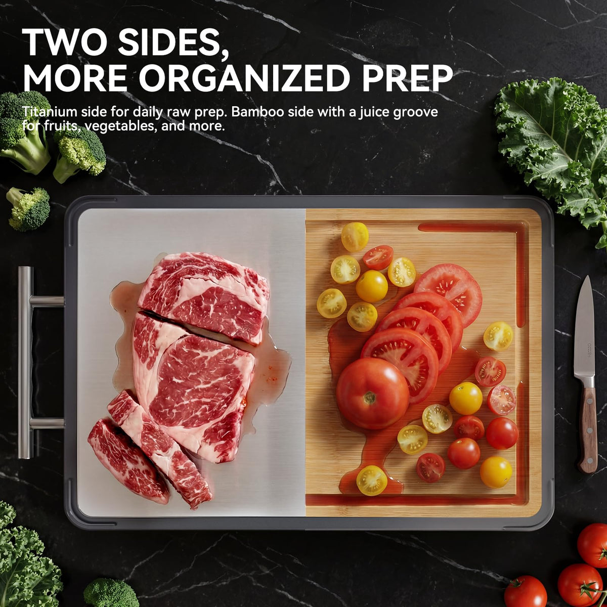 Swshiiel titanium side close-up with a smooth surface for quick meat prep cleanup.